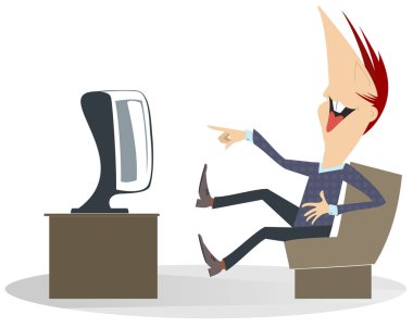 Koltukta oturan genç adam için Tv Puan bir parmak, el karnına koyar ve üzerinde beyaz illüstrasyon izole bir şey hakkında gülüyor