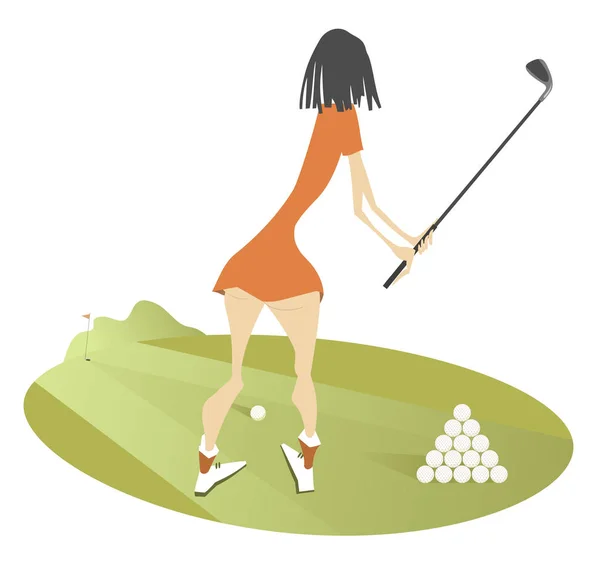 Jonge Vrouw Golfer Golfbaan Illustratie Geïsoleerd Permanent Terug Jonge Vrouw — Stockvector