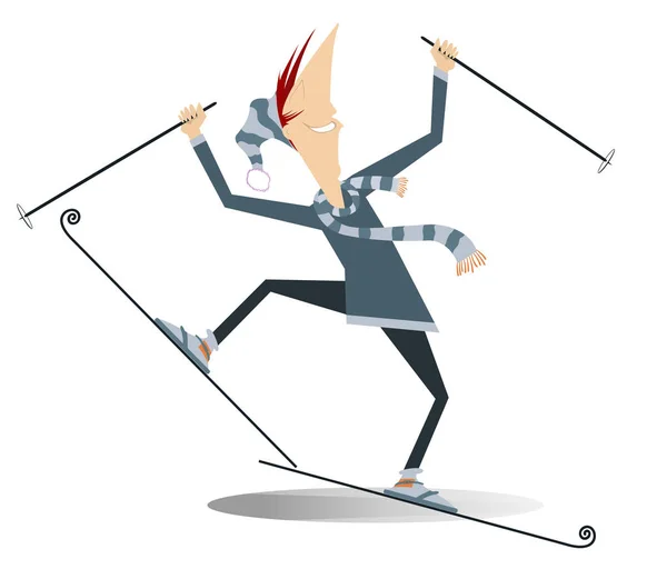 Opgewonden Cartoon Skiër Man Geïsoleerd Glimlachend Skiër Man Liften Een — Stockvector