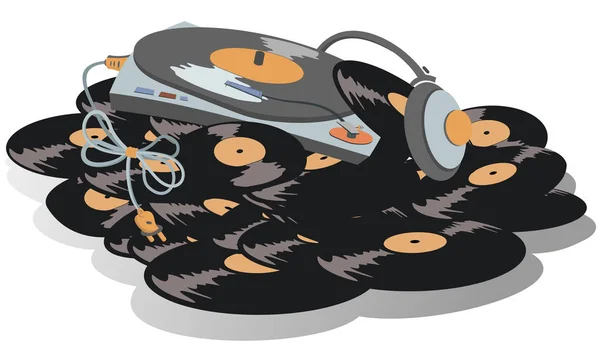 Reproductor Discos Auriculares Están Gran Pila Discos Vinilo Ilustración — Vector de stock