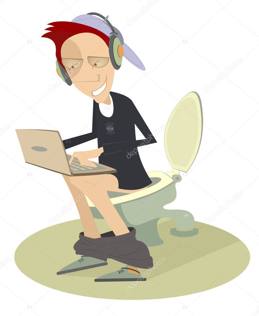 Smiling young man working or playing on computer sitting on the toilet bowl illustration. Man takes off the pants sitting in the toilet and working or playing games on computer illustration
