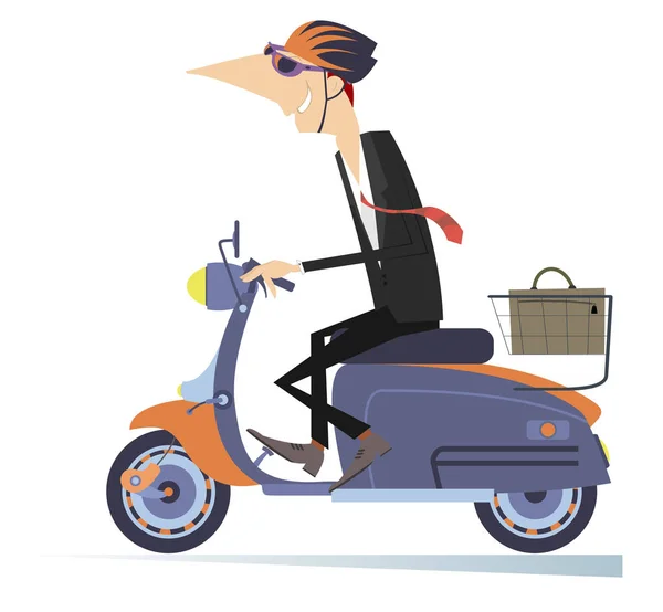 Hombre Trabajar Ilustración Aislada Scooter Empresario Con Una Bolsa Trabajar — Vector de stock