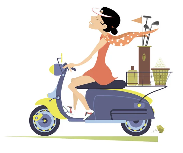 Smiling Woman Rides Scooter Goes Play Golf Isolated Illustration Smiling — Stock Vector