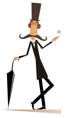 Çizgi film uzun bıyıklı adam puro ve şemsiye illüstrasyon izole. Puro ve şemsiye üzerinde beyaz illüstrasyon izole karikatür uzun bıyıklı adam