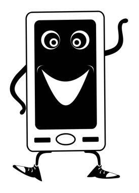 Karikatür akıllı telefon illüstrasyon izole. Akıllı telefon siyah üzerinde beyaz resimde gülümseyen