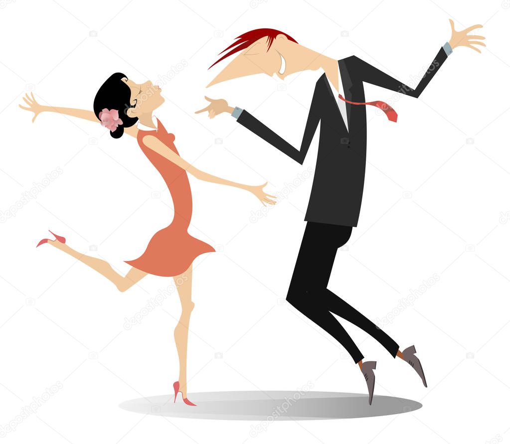 Dancing young couple illustration isolated. Romantic dancing young man and woman isolated on white illustration