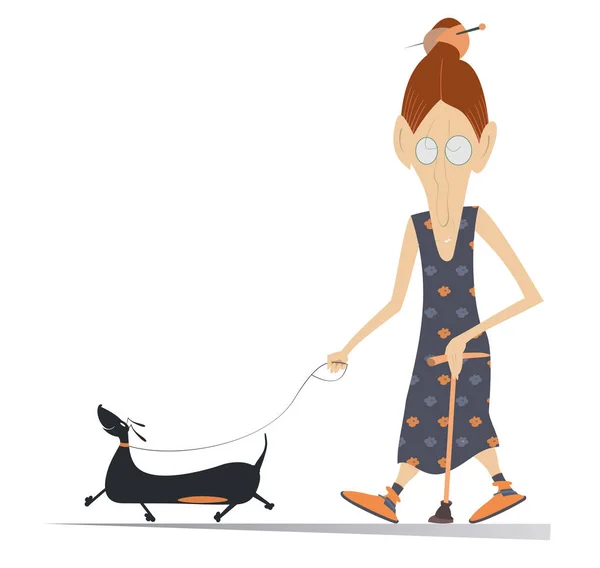 Kreslený Starší Žena Chodí Vycházkovou Hůl Samostatný Pes Ilustrace Stará — Stockový vektor