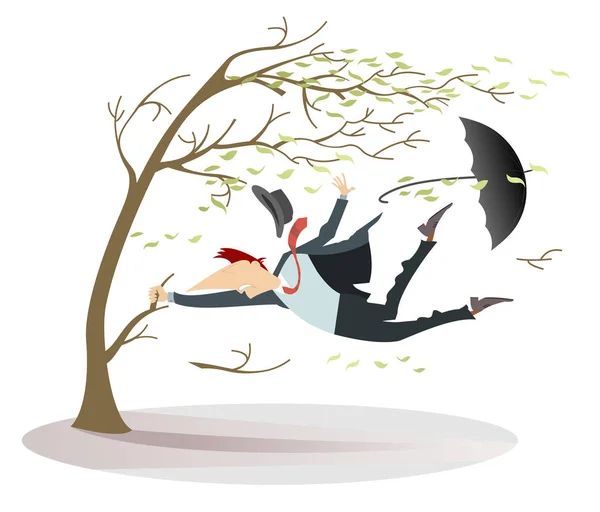 Вітряний День Людина Капелюхом Парасолькою Ловить Дерево Ізольовано Сильний Вітер — стоковий вектор