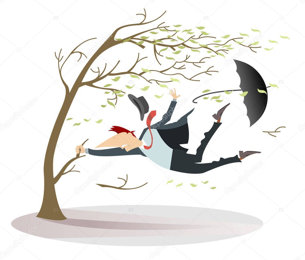 Windy day and man with a hat and umbrella catches a tree isolated. Strong wind, flying leaves and a man lost his hat and umbrella trying to keep his life catching a tree isolated on white illustration