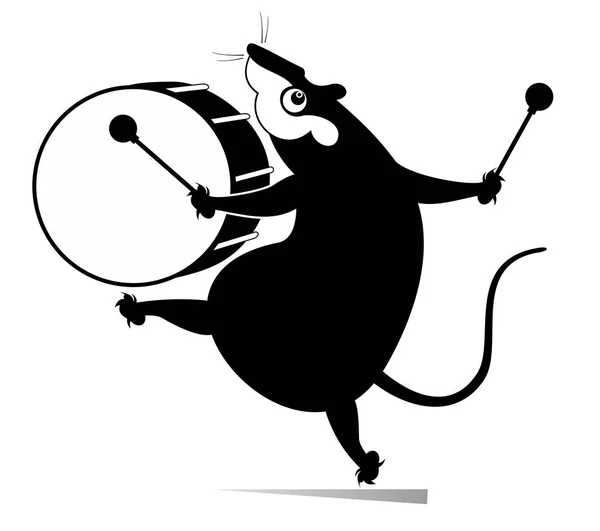 面白いラットやマウスドラマー孤立イラスト 漫画のラットやマウスは白のイラストに黒ドラムスティックを使用して大きなドラムを打つ — ストックベクタ