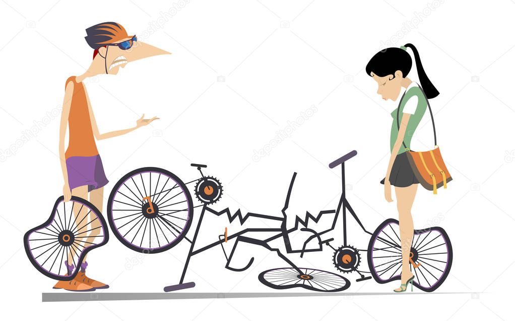 Road accident, two cyclists and broken bikes illustration. Broken bikes and angry cyclist holds a broken wheel and scolds the sad cyclist woman with hang his head isolated illustration