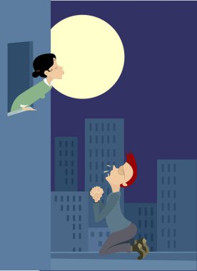 Aşk çifti ay çiziminin altında buluşuyor. Dolunay, genç kadın ve erkek diz çöküp sevgilisinin resminin penceresinde aşk için dua eder. 