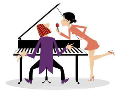 Şarkıcı kadın ve konser illüstrasyonunda bir piyanist. Piyanist ve şarkıcı kadın mikrofon tutuyor ve şarkı söylüyor.