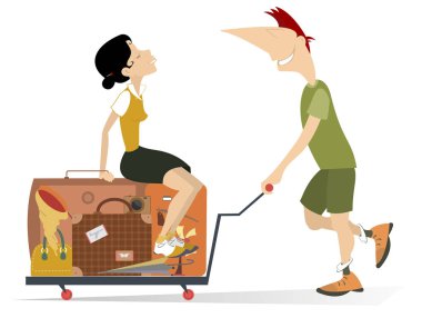 Adam bagajın üstünde oturan genç bir kadınla el arabasını sürüyor. Gülümseyen adam genç bir bayanla birlikte bir arabayı sürüyor. Beyazların üzerinde izole bir şekilde duran torbalarda oturuyor. 