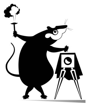 Fare ya da karikatür faresi bir fotoğrafçı çizimi izole etti. Komik fare ya da fare beyaz üzerine siyah retro kamera kullanarak fotoğraf çekiyor