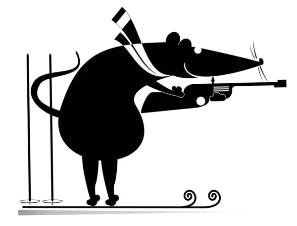 Биатлонная Крыса Мышь Черного Цвета Белой Иллюстрации Стрельба Биатлон Конкурент — стоковый вектор