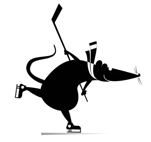 漫画のラットやマウスの白いイラストに黒のアイスホッケー選手 漫画のラットやマウスは アイスホッケー元のシルエットを再生孤立 — ストックベクタ