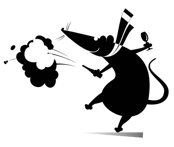 Cartoon Rat Mouse Bottle Champagne Splashes Isolated Illustration Comic Dancing — ストックベクタ