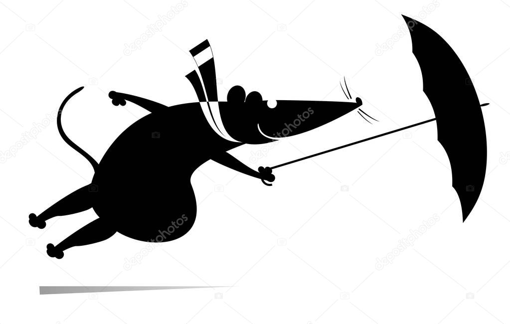 Windy day and rat or mouse with umbrella illustration. Cartoon rat or mouse with an umbrella gone with the strong wind silhouette black on white