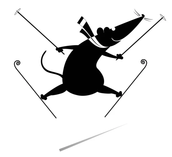 漫画のラットやマウスは スキーヤーのイラスト 面白いラットやマウススキーヤー黒上の白 — ストックベクタ