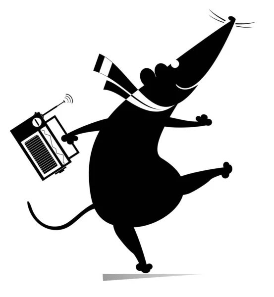 漫画のラットやマウスのダンスやラジオの孤立したイラストを聞きます 面白いネズミやマウスはラジオを保持し 白で黒踊り — ストックベクタ