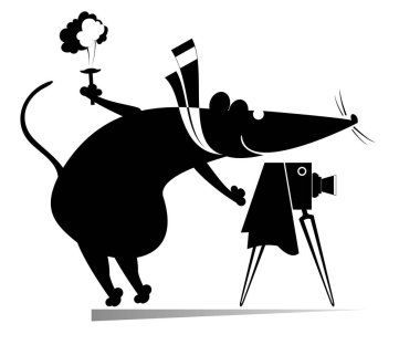 Fare ya da karikatür faresi bir fotoğrafçı çizimi izole etti. Komik fare ya da fare beyaz üzerine siyah retro kamera kullanarak fotoğraf çekiyor