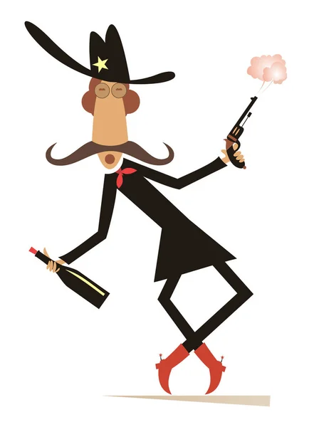 Man Cowboy Gun Bottle Illustration Cartoon Long Mustache Man Wears — Stock Vector