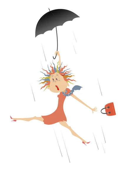 Rüzgarlı Bir Gün Şemsiyeli Bir Kadın Şemsiyeli Süslü Çantalı Genç — Stok Vektör