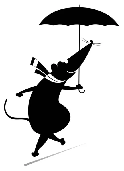 傘のイラストで晴れた日とラットやマウス 漫画のラットやマウス歩くとともに傘シルエット黒上の白 — ストックベクタ