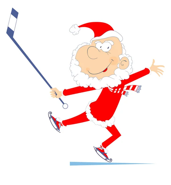 Santa Claus Juega Hockey Sobre Hielo Ilustración Aislada Cartoon Santa — Vector de stock