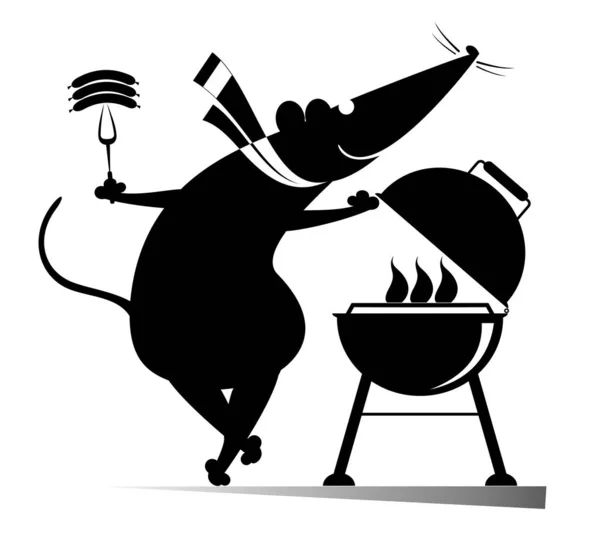 Barbecue Und Ratten Oder Mäuseillustration Cartoon Ratte Oder Maus Bratwürste — Stockvektor