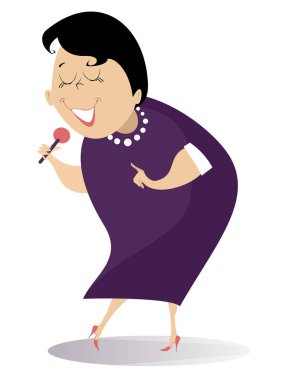 Romantik şarkıcı kadın izole illüstrasyon. Mikrofonlu karikatür kadın ilham illüstrasyon ile bir şarkı şarkı