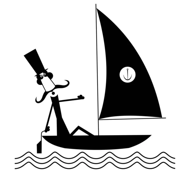 Mustache Man Sails Yacht Isolated Illustration Funny Long Mustache Man — Stock Vector