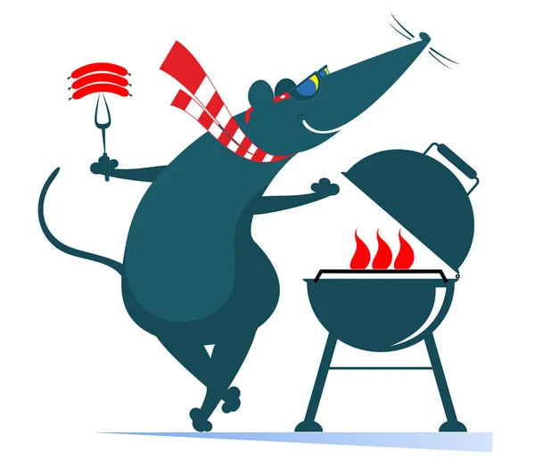 Barbecue Rat Mouse Illustration Cartoon Rat Mouse Frying Sausages Steaks — Stock Vector