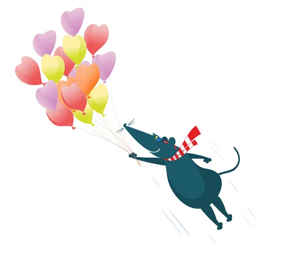 Grappige Rat Muis Houdt Veel Ballonnen Illustratie Cartoon Rat Muis — Stockvector