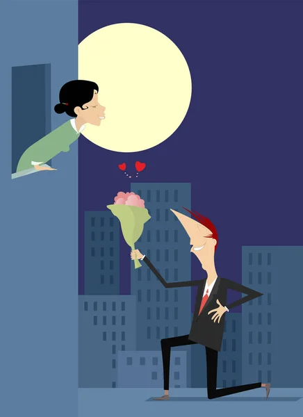 Encuentro Pareja Amor Bajo Ilustración Luna Hombre Enamorado Queda Rodilla — Archivo Imágenes Vectoriales