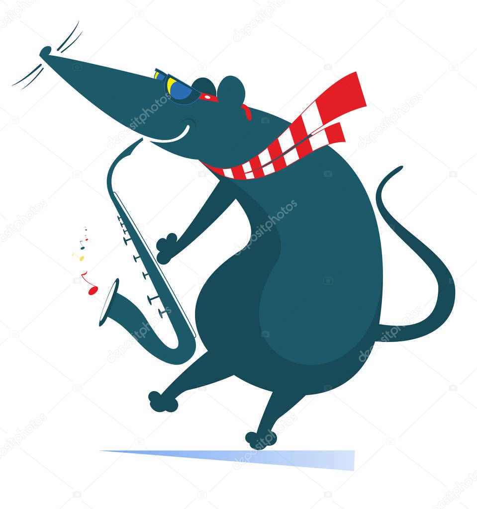 Cartoon rat or mouse dances and listens the radio   isolated illustration. Funny rat or mouse holds a radio and dances isolated on white