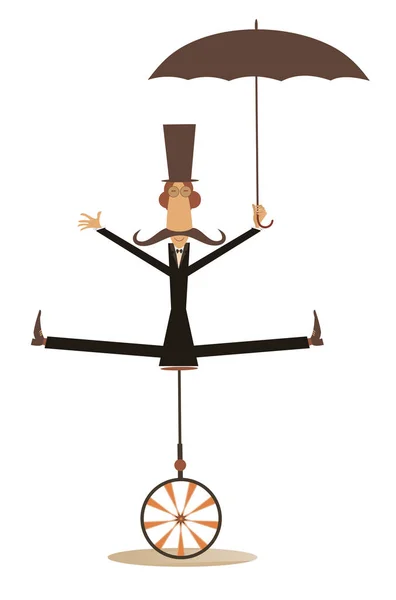 Equilibrist Hombre Bigote Con Paseos Paraguas Ilustración Monociclo Divertido Hombre — Vector de stock
