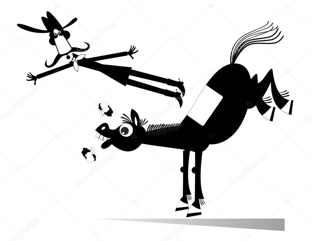 Cartoon rider falls from the horse isolated illustration. Funny long mustache man or cowboy falling down from the horse black on white 