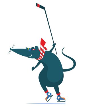 Çizgi film faresi ya da fare buz hokeyi oyuncusu çizimi. Çizgi film faresi ya da fare beyaz buz hokeyi oynar.