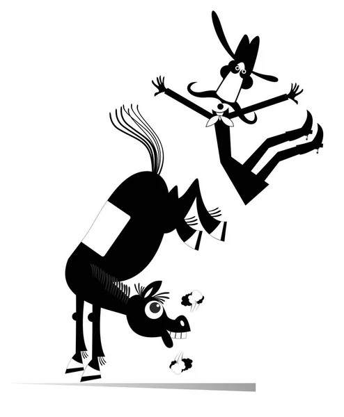 漫画のライダーは 馬の孤立イラストから落ちる 面白い馬キックA落下長い口ひげ男またはカウボーイ黒上の白 — ストックベクタ