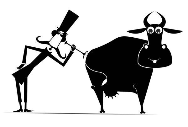 Ilustración Veterinaria Vacas Divertido Hombre Bigote Largo Sombrero Copa Está — Vector de stock