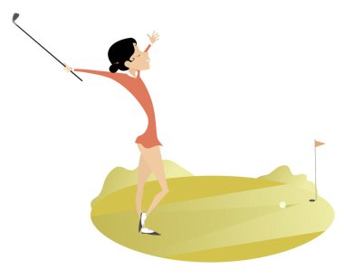 Golf sahasındaki gülümseyen golfçü kadın çizgi filmdeki mutlu golfçü kadın iyi bir tekme attı.