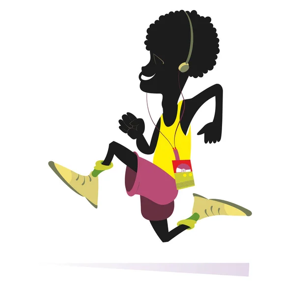 笑笑非洲赛跑选手的例子 卡通片 非洲男人 正在用白色耳机播放音乐 — 图库矢量图片