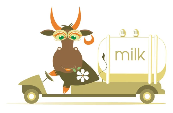 Забавная Корова Водит Иллюстрацию Молочного Танкера Карикатурная Корова Цветком Рту — стоковый вектор