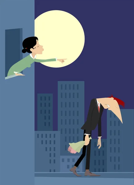 Quarrel Love Couple Illustration Full Moon Young Woman Points Out — 스톡 벡터