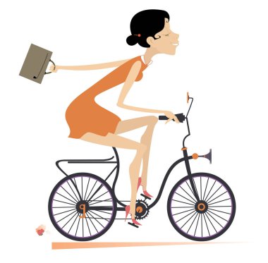 Young woman goes to work on the bike isolated illustration. Pretty young businessman with a bag goes to work on the bike isolated on white illustration 