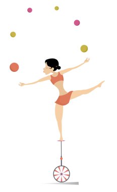 Equilibrist woman on the unicycle juggles balls illustration. Equilibrist young woman balances on the unicycle and juggles the balls isolated on white clipart