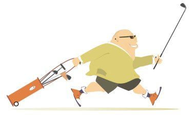 Smiling golfer man runs to play golf illustration. Cartoon smiling fat bald-headed man in sunglasses with golf bag and golf club runs to the golf course isolated on white