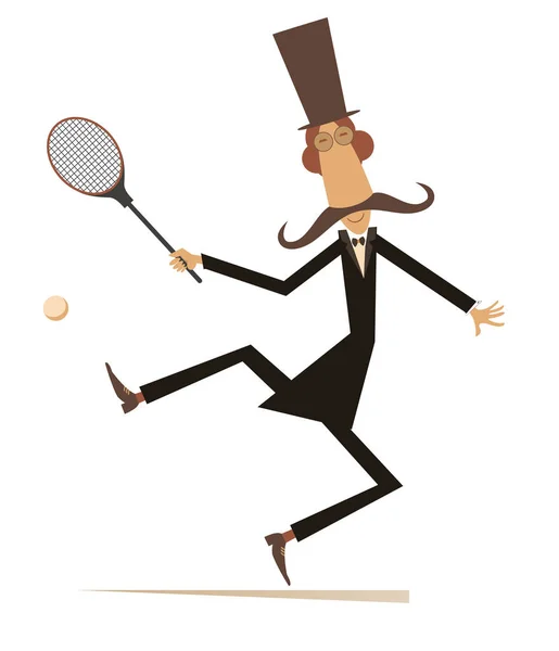 Heren Spelen Tennis Geïsoleerde Illustratie Snor Man Hoge Hoed Speelt — Stockvector